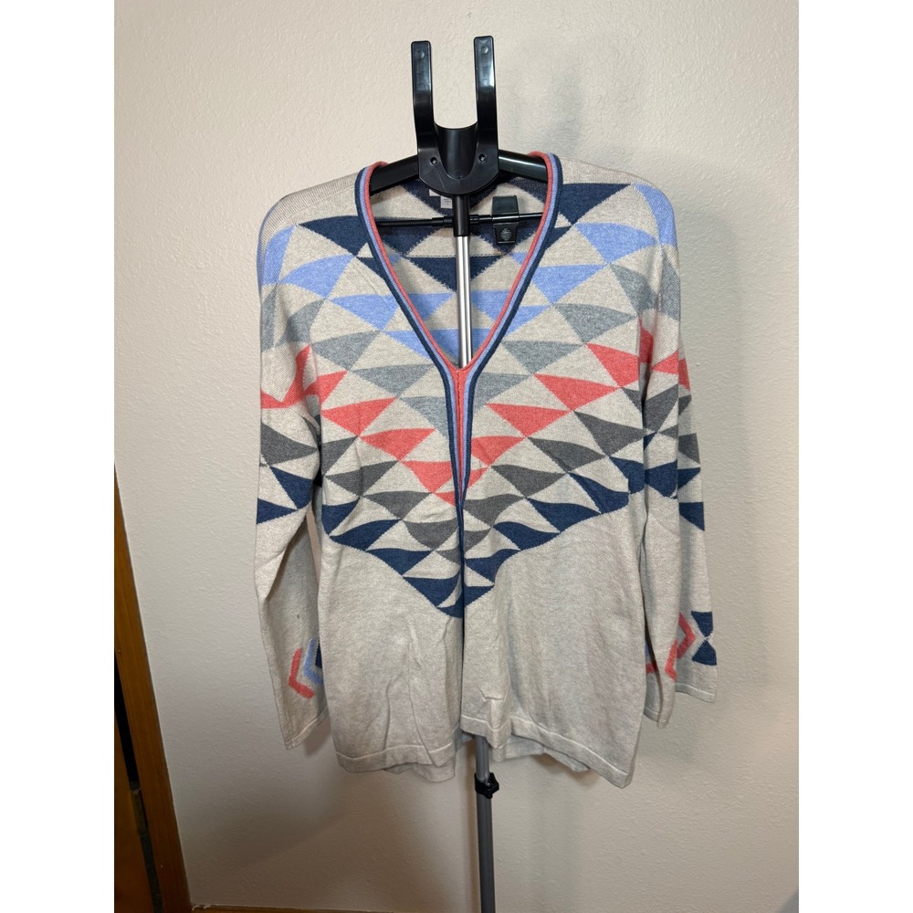 J. Jill Womens Large Beige Blue Geometric Triangle V-Neck Cotton Blend Sweater